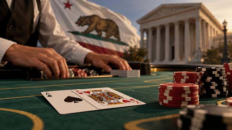 a blackjack game in front of a CA courthouse